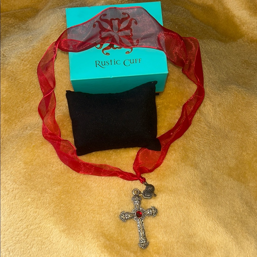 Rustic Cuff Red Ribbon Cross Necklace
